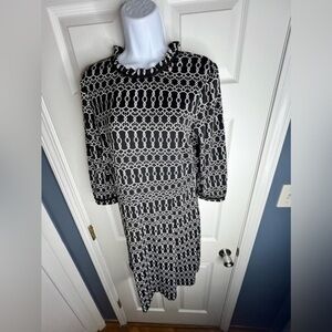 Monteau Petites Medium Black White Geo Print 3/4 Sleeve Jersey A-Line Dress PM